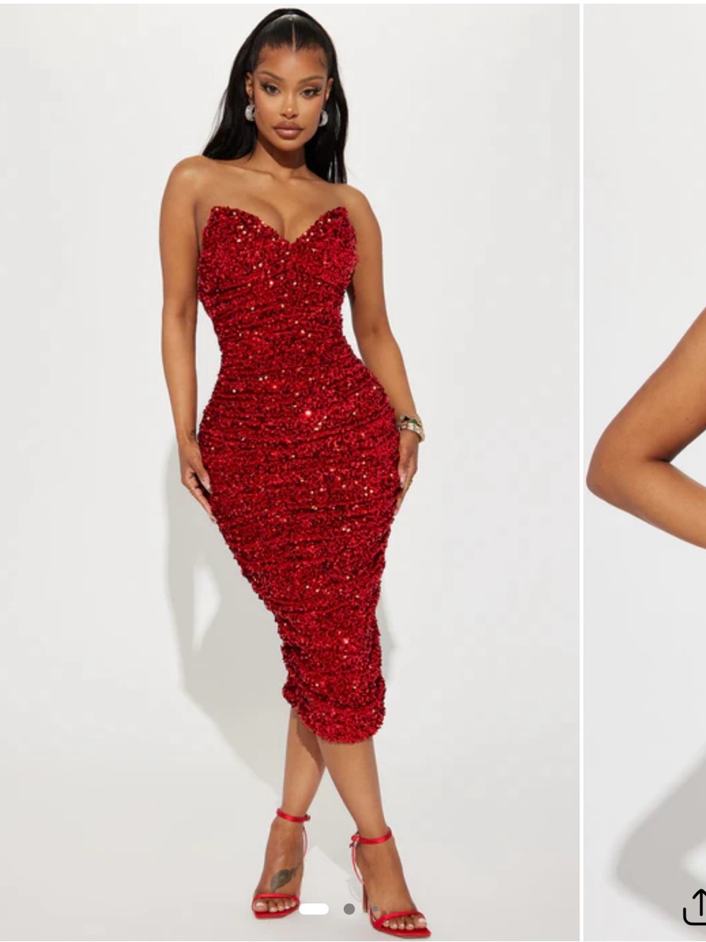 Strapless Sequin Ruched Midi Dress - Red
